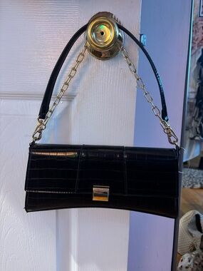 Aldo Black Croc-Embossed Shoulder Bag with Gold Chain Accent